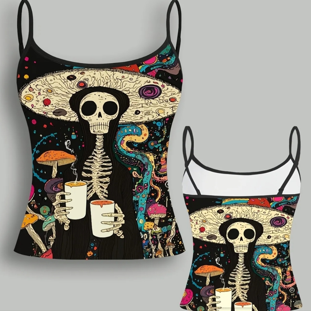 Womens' Skeleton Mushroom Print Tank Top, Camisole, Size S